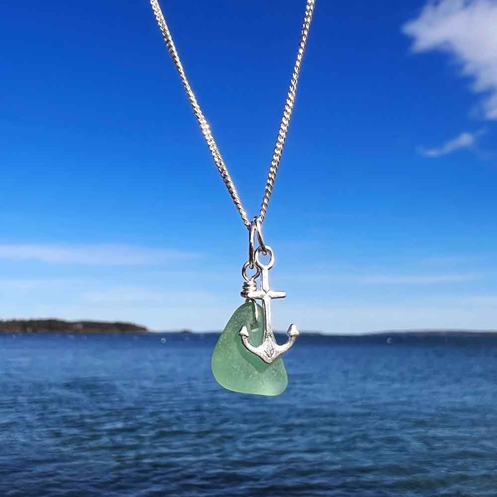 Light Green Sea Glass Necklace with Tiny Anchor