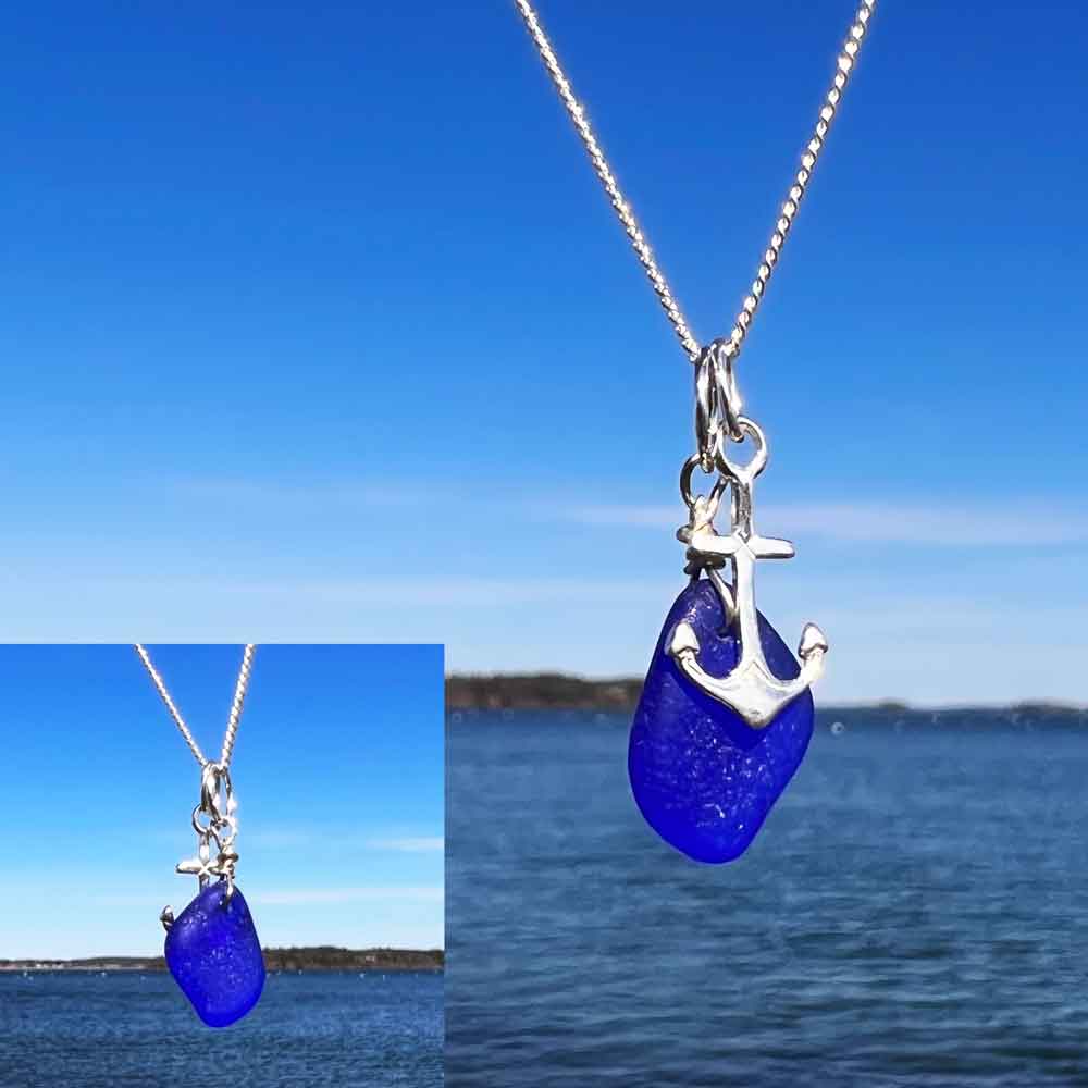 Cobalt Blue Sea Glass Necklace with Tiny Anchor
