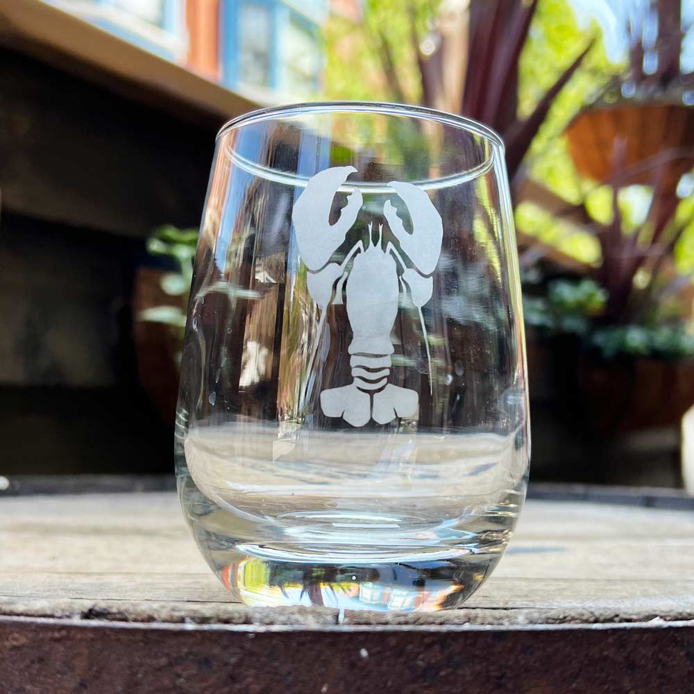 Etched Lobster Stemless Wine Glass