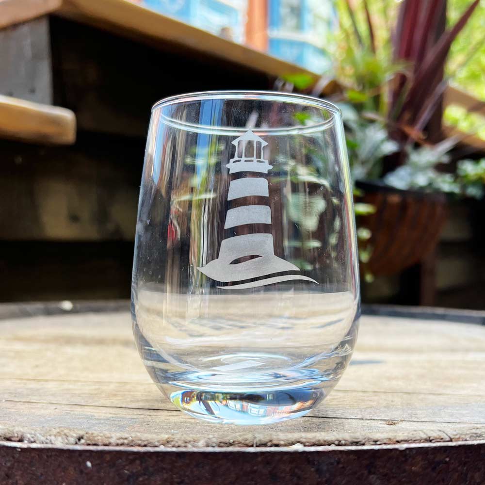 Etched Lighthouse Stemless Wine Glass