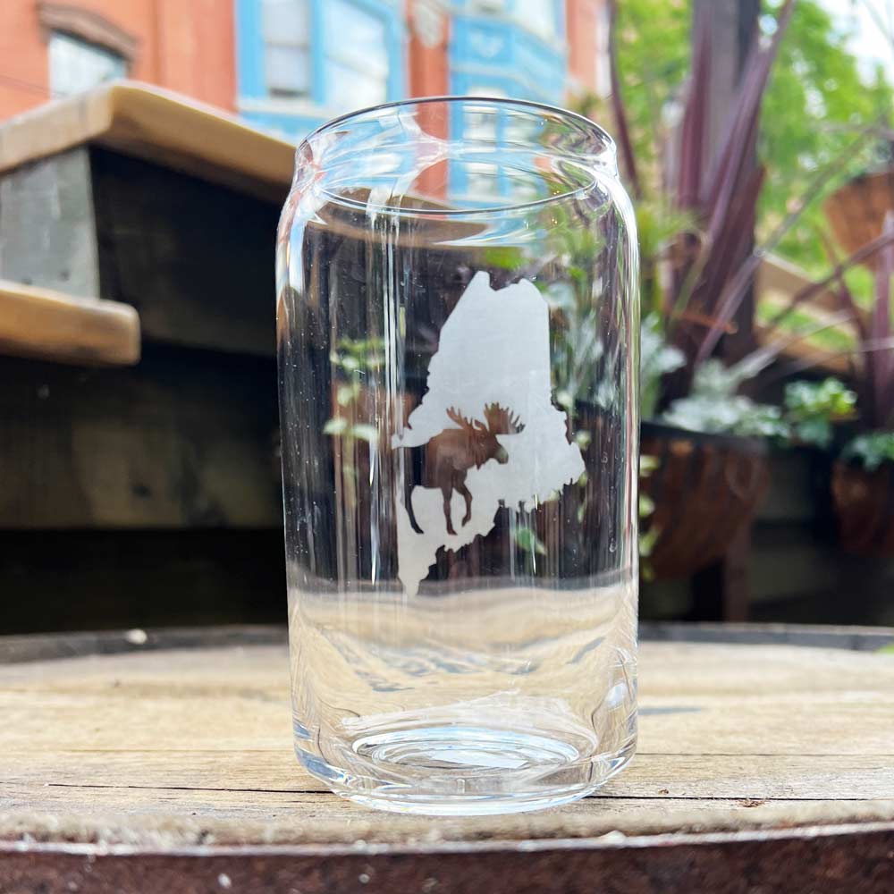 Etched Maine Moose Beer Can Glass