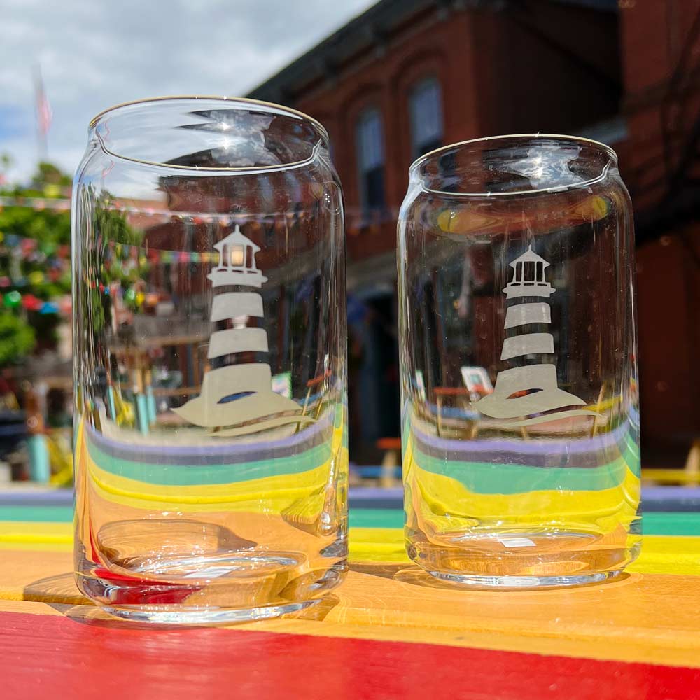 Etched Lighthouse Beer Can Glass