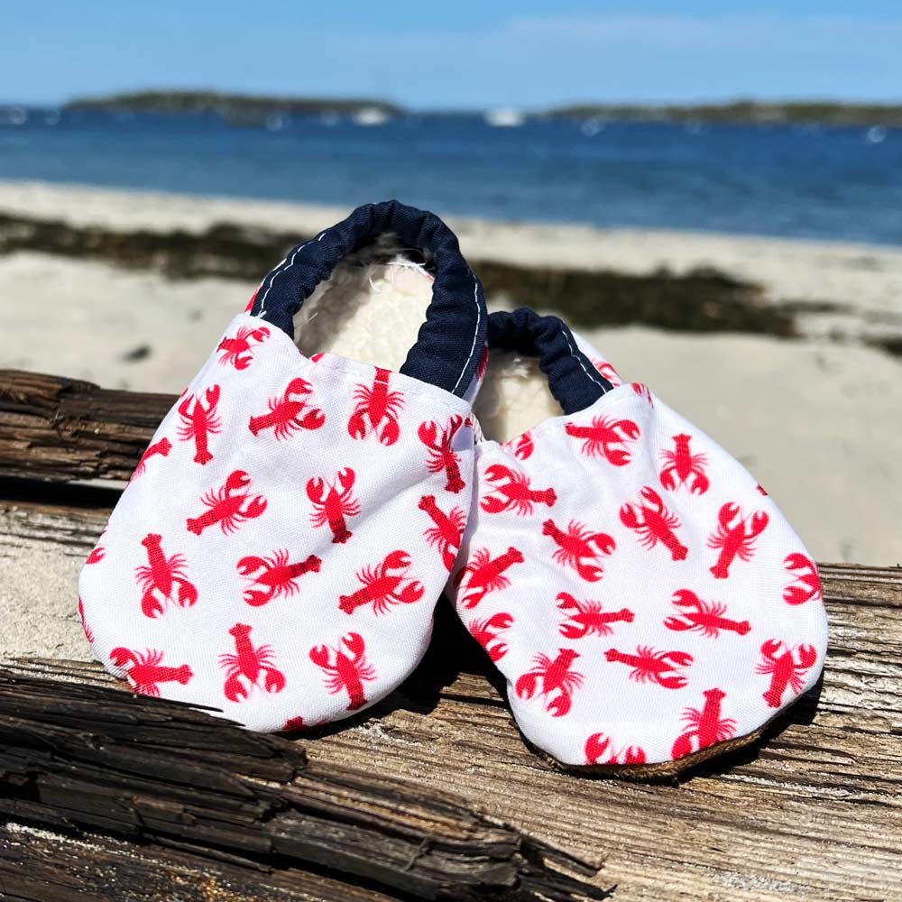 Red Lobster Baby Booties with navy blue heel