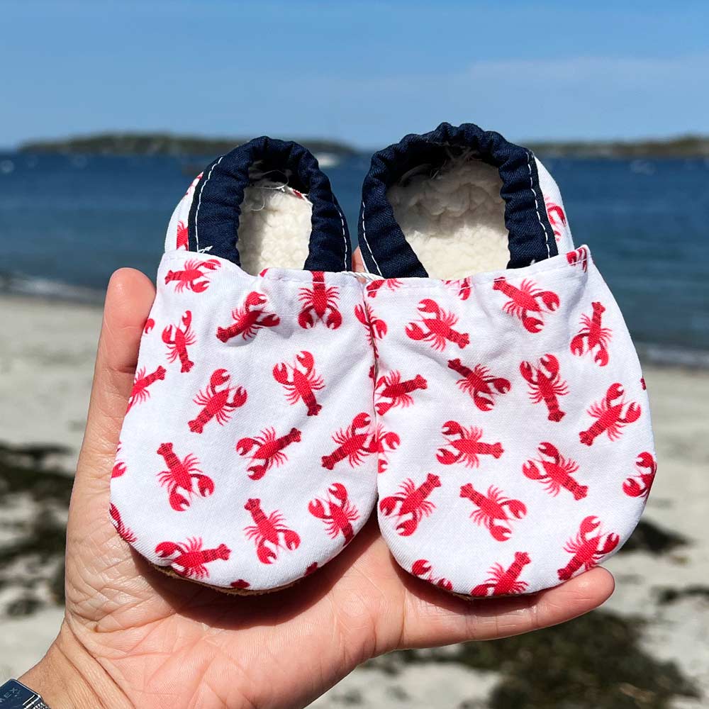 Red Lobster Baby Booties with navy blue heel