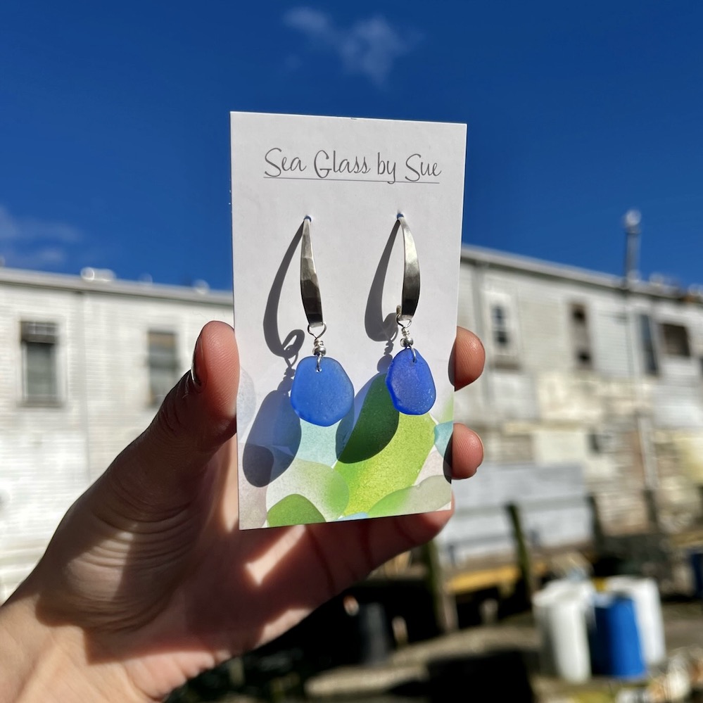 Matte Front Silver and Blue Sea Glass Earrings