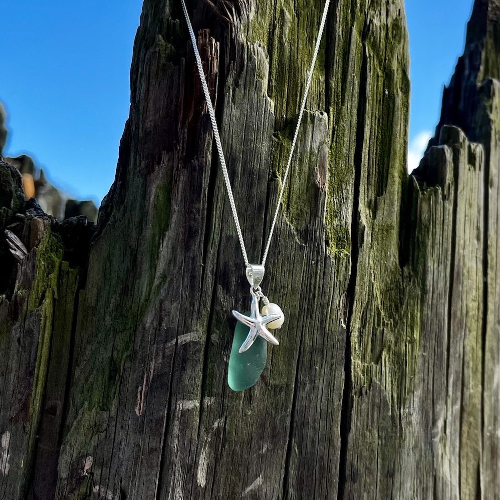 Silver Starfish and Pearl with Teal Green Sea Glass Necklace