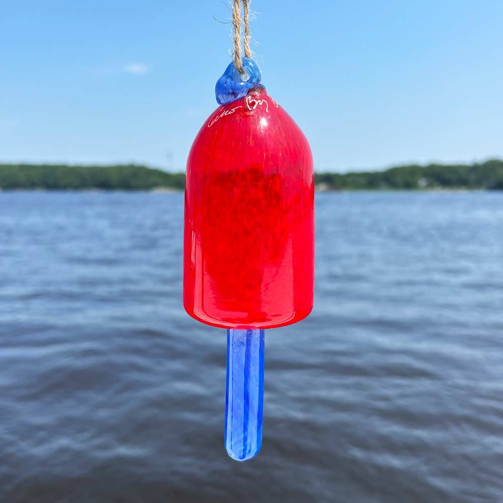 Red Blown Glass Buoy with Sky Blue Spindle