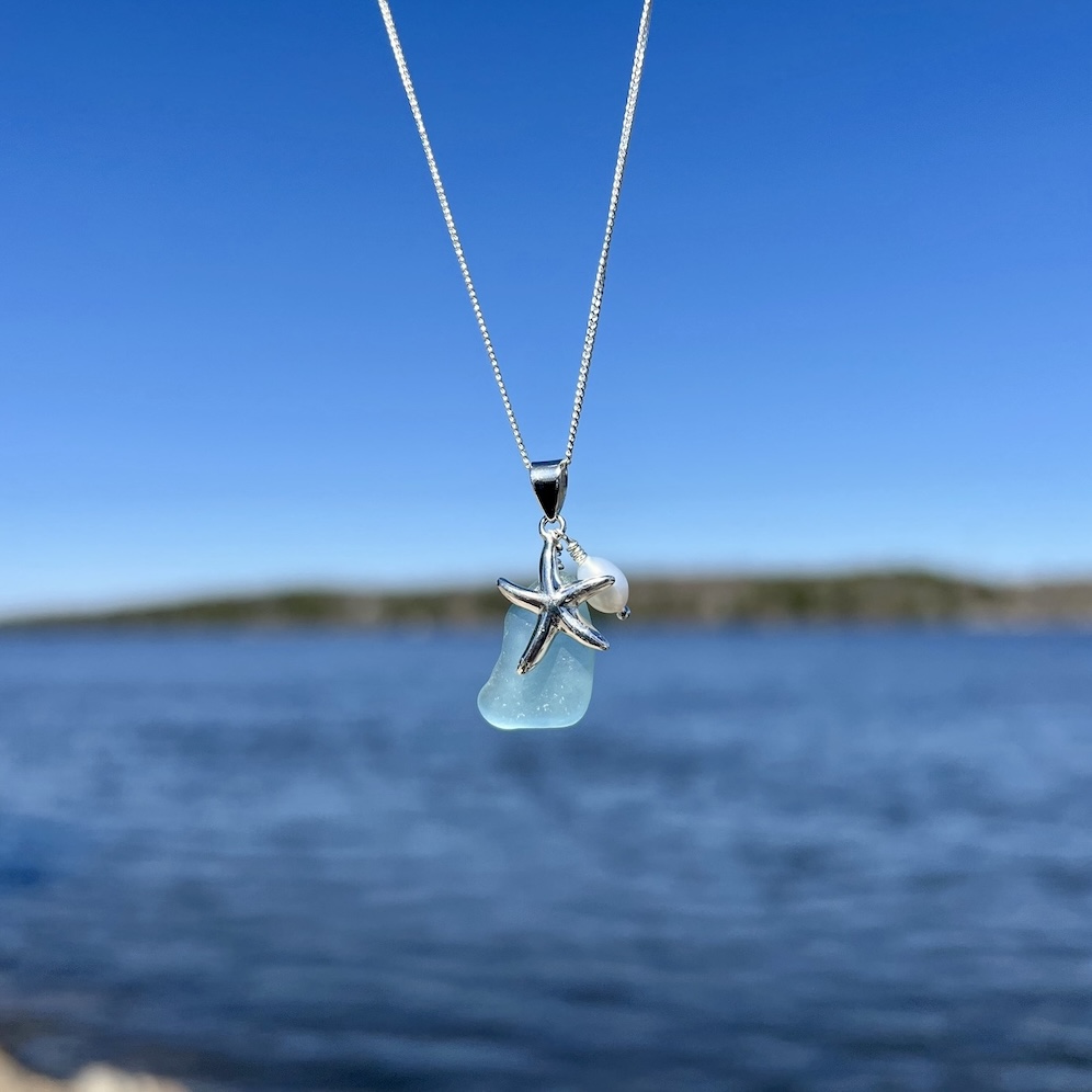 Sea Foam Sea Glass Necklace with Starfish and Pearl