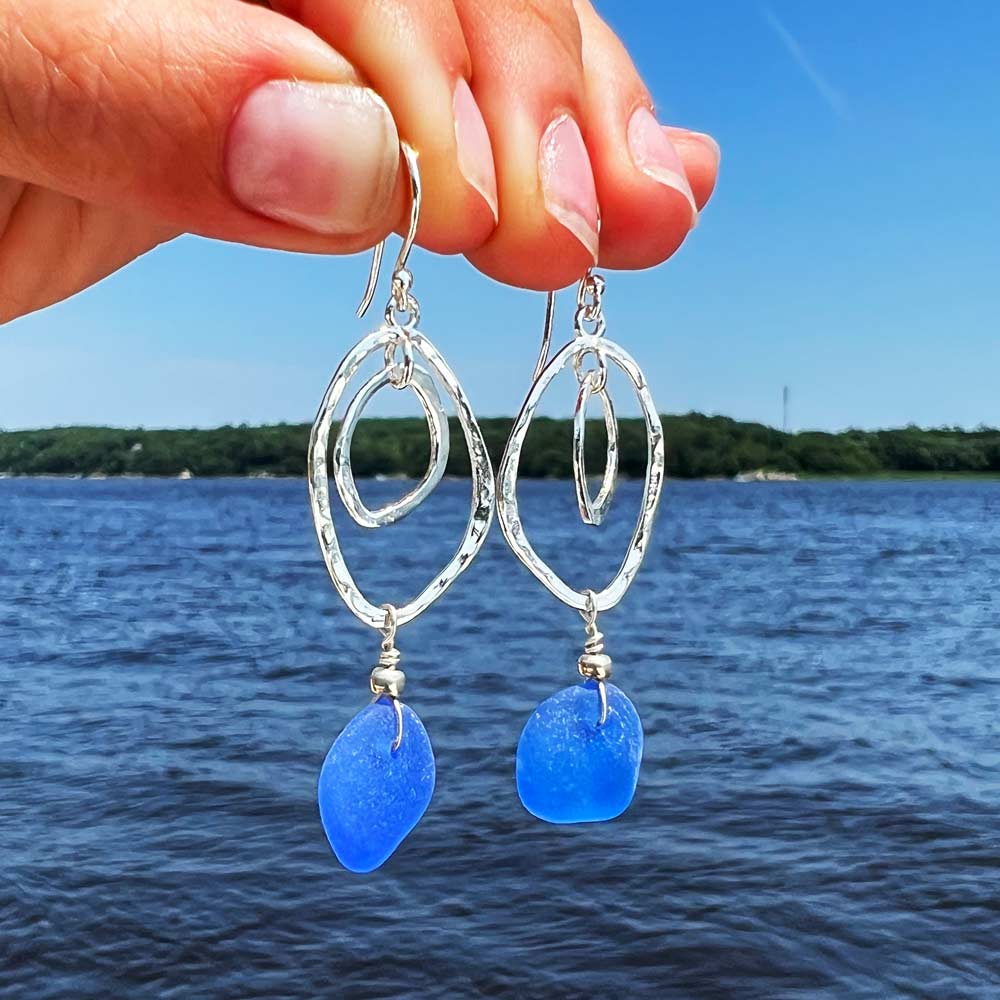 Blue Sea Glass Double Abstract Oval Earrings
