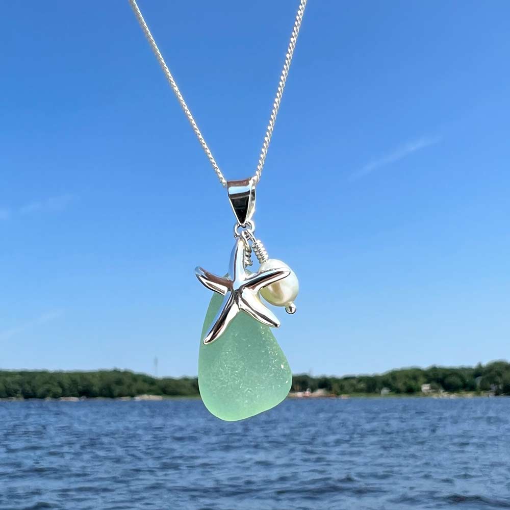 Light Green Sea Glass with Starfish & Pearl Necklace