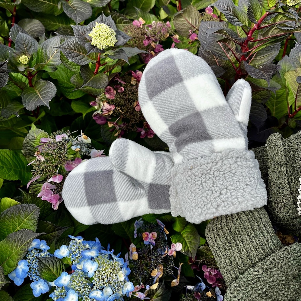Gray and White Plaid Fleece Mittens