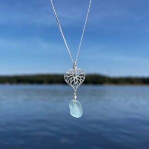 Sea Foam Sea Glass Necklace with Silver Filigree Heart