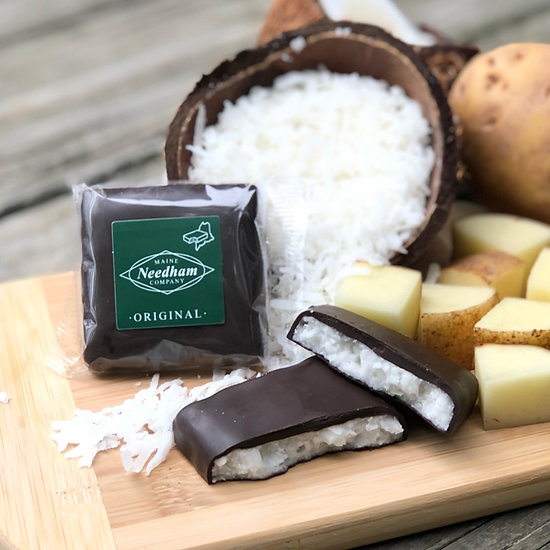 Single Maine Needham made from dark chocolate, coconut, and mashed potato
