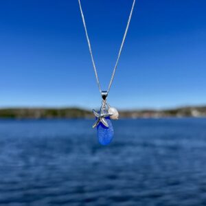 Blue Sea Glass Necklace with Starfish and Pearl