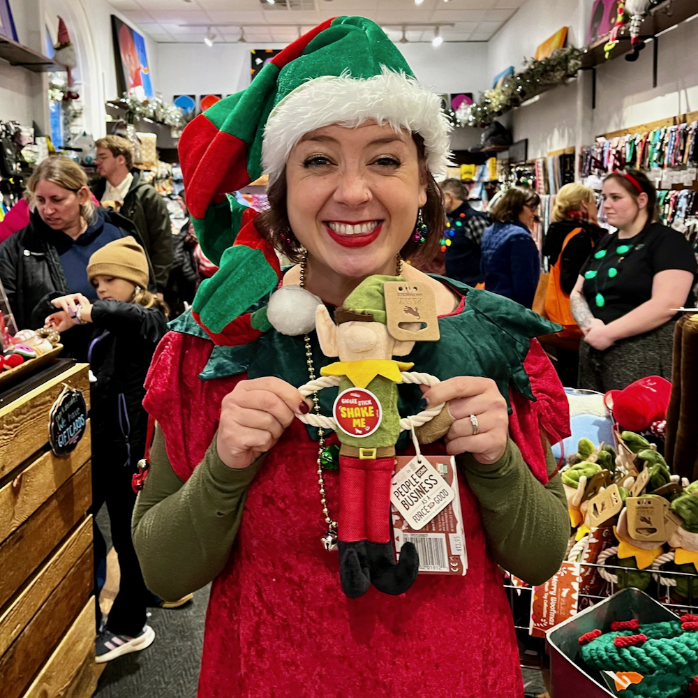 Lisa-Marie elf stopping at Uncommon Paw and finding an elf dog toy