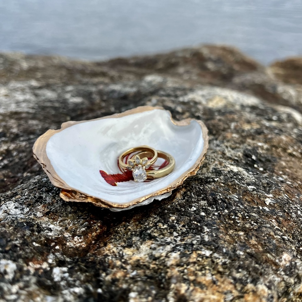 Small Red Lobster Oyster Shell Ring Dish holding gold rings
