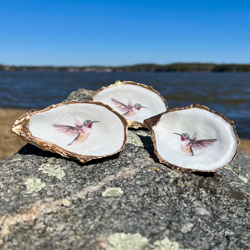 Red Throated Hummingbird Oyster Shell Ring Dish