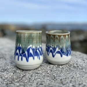 Sea Foam, Blue & White Stemless Wine Glass by Unity Pond Pottery