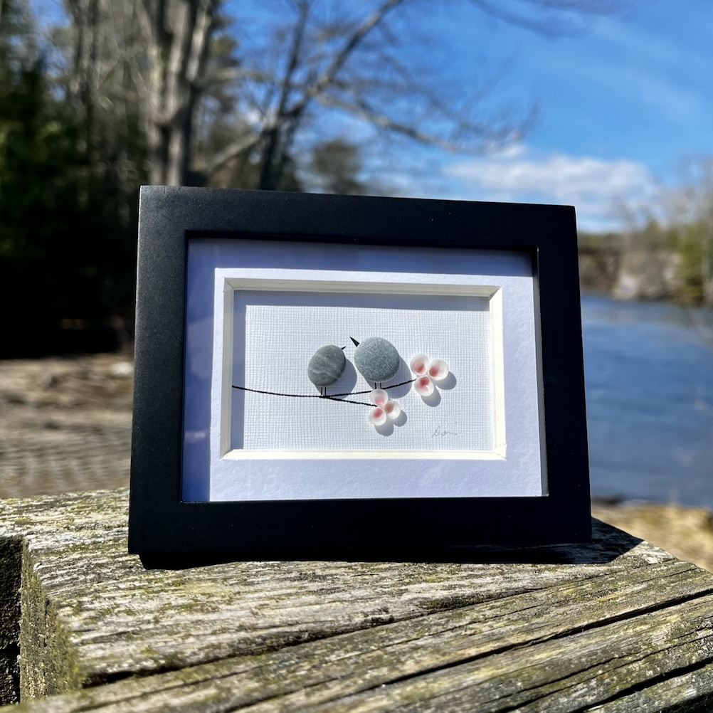Bird Pair with Cherry Blossoms Rock and Shell Art