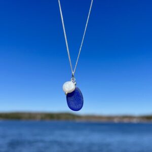 Cobalt Blue Sea Glass Necklace with Coin Pearl