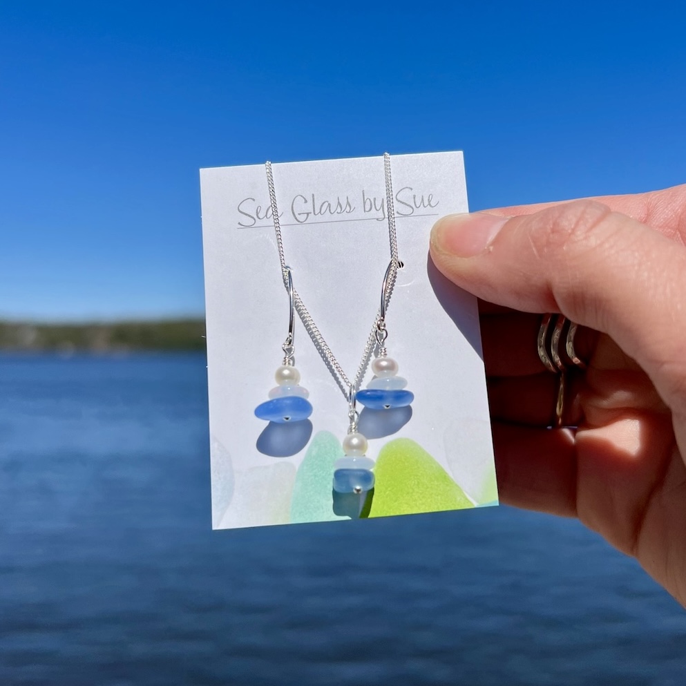 Sea Glass Stack with Pearl Light Blue Earrings and Necklace Set