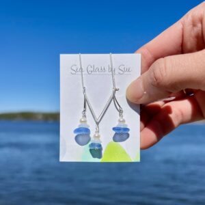 Sea Glass Stack with Pearl Light Blue Earrings and Necklace Set